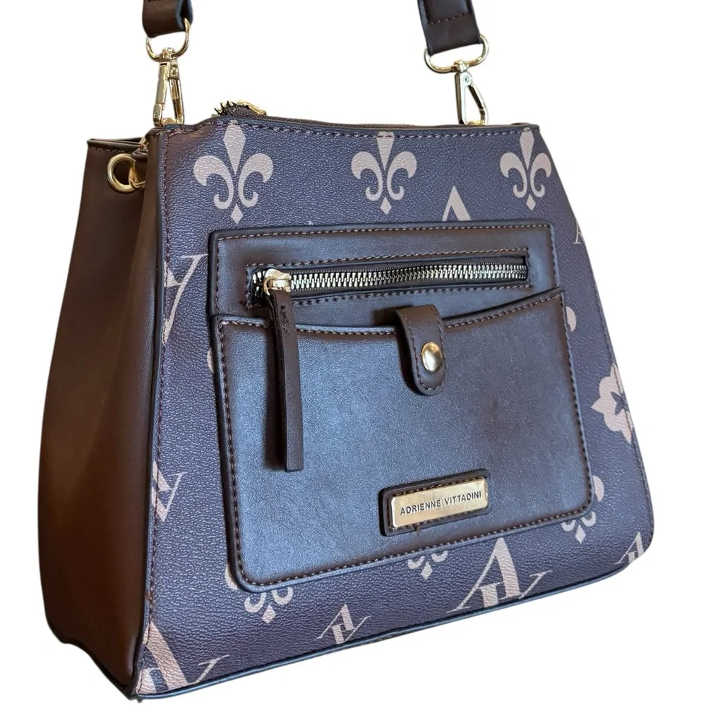 Adrienne Vittadini Crossbody Fleur-de-lis Adjustable Strap Brown Bone NEW‎ $190